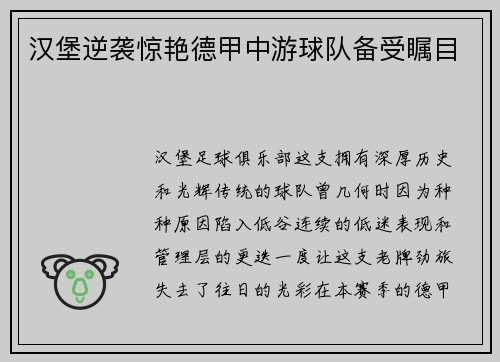 汉堡逆袭惊艳德甲中游球队备受瞩目